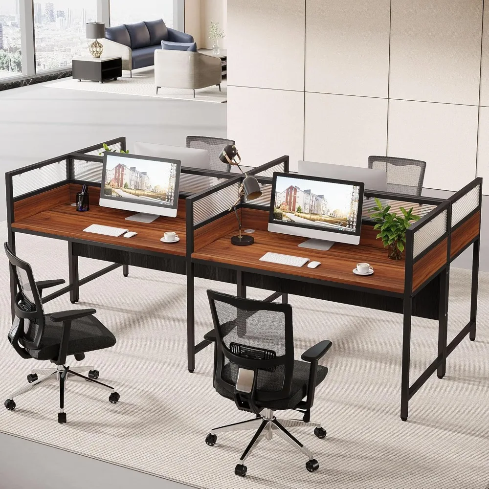 

"Modular Two-Person Office Desk with Privacy Panel for Dual Workstations and Cable Management"