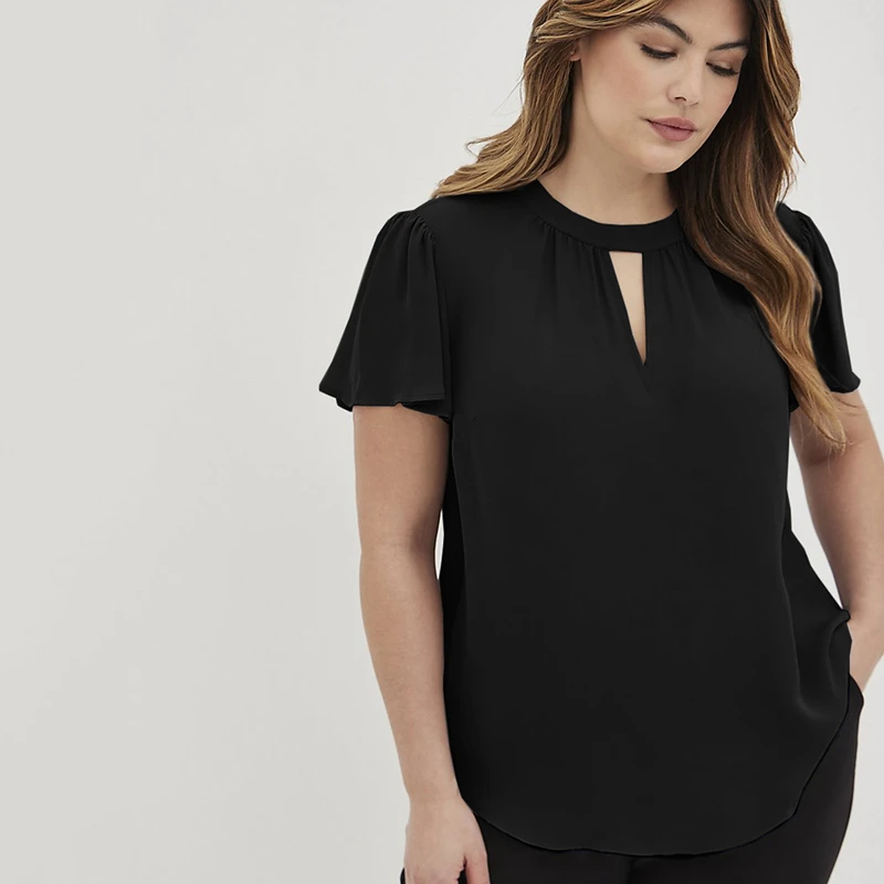 Blusa holgada de Chifón con manga corta para verano, camisa elegante con abertura frontal, color negro, talla grande, 7XL, 8XL