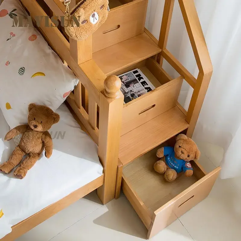 Litera de madera maciza de haya para niños, cama de dos pisos, almacenamiento multifuncional, estilo nórdico, bonito patrón Simple