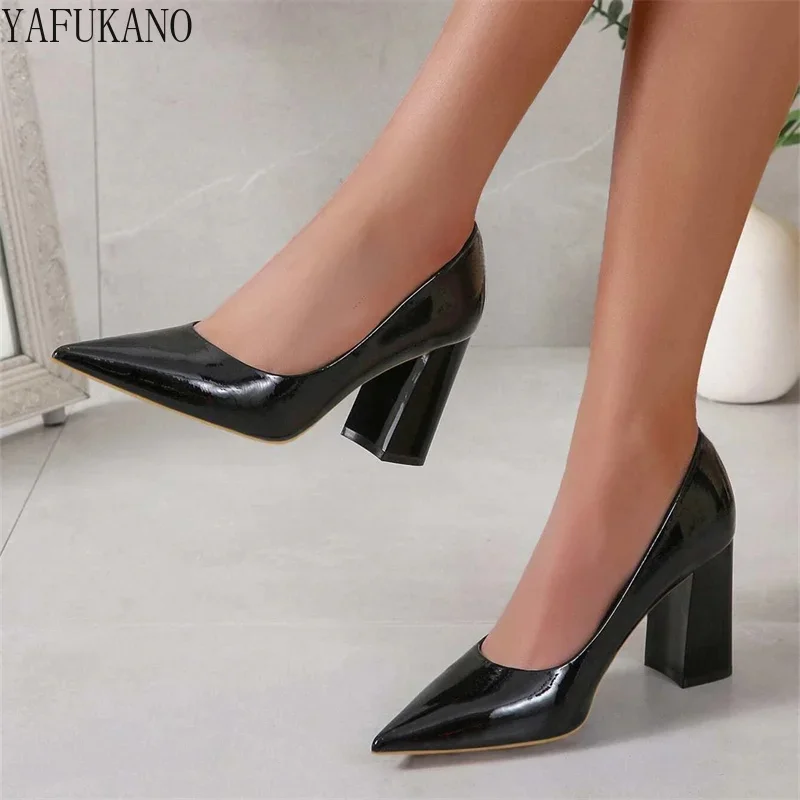 Classic Simple Chunky Heeled Pumps Patent Leather Women High Heels Sexy Pointed Toe Party Dress Shoes Black Comfort Office Shoes