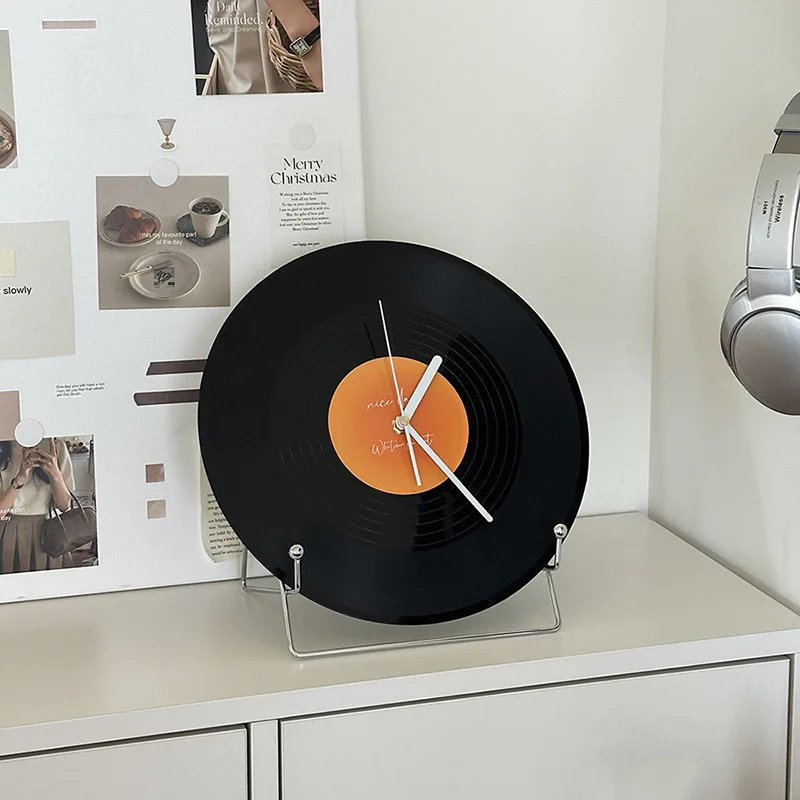 CuteLife Nordic Black Plastic Record Shape Table Clock Living Room Home Decoration Clock Round