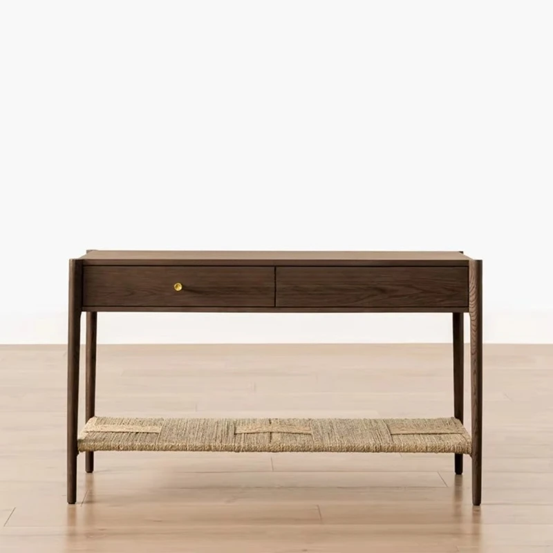 

Antique contemporary solid wood 2 drawer console table with woven seaweed shelving colorful living room furniture