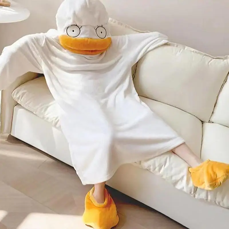 Duck Onesie Pajamas for Adult Plush Flannel Cosplay Soft Wool Animal Costume for Halloween Family Party Men Women Jumpsuit