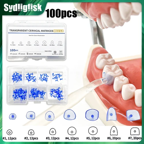 100 unids/set matriz Dental Kit de matrices cervicales transparentes azules para matriz de odontología gingival compuesta materiales de herramientas de dentista
