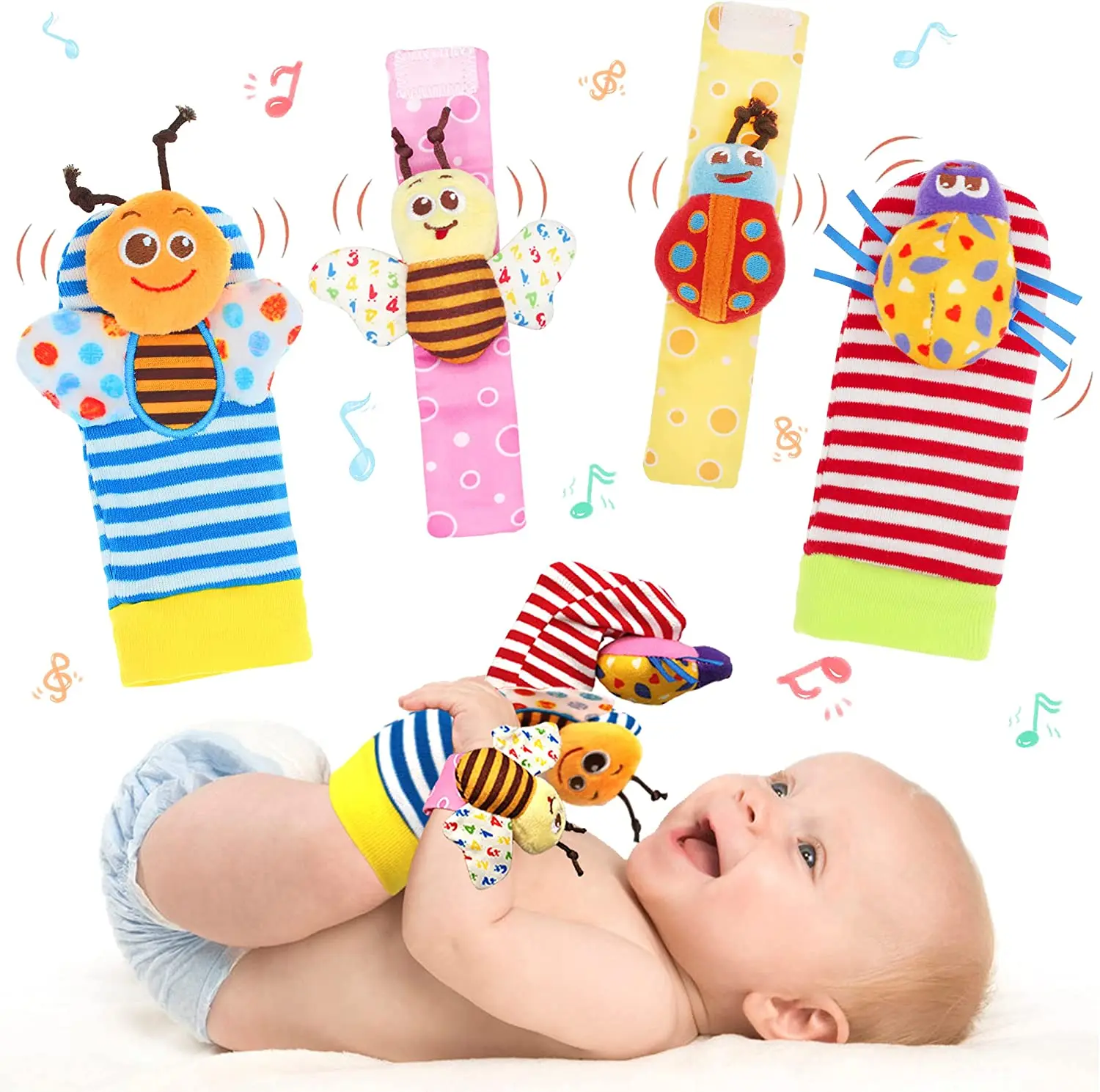 Baby Toys 0 12 Months Cartoon Plush Socks Wrist Strap Rattles Foot Socks Newborn Baby Toys Grab Training Educational Toys Gift