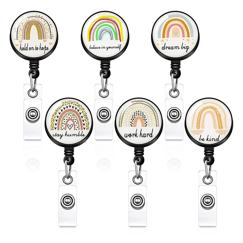 6 Pcs Rainbow Retractable Badge Reel Inspirational ID Name Badge Holders Boho Rainbow Inspiring Badge Reel