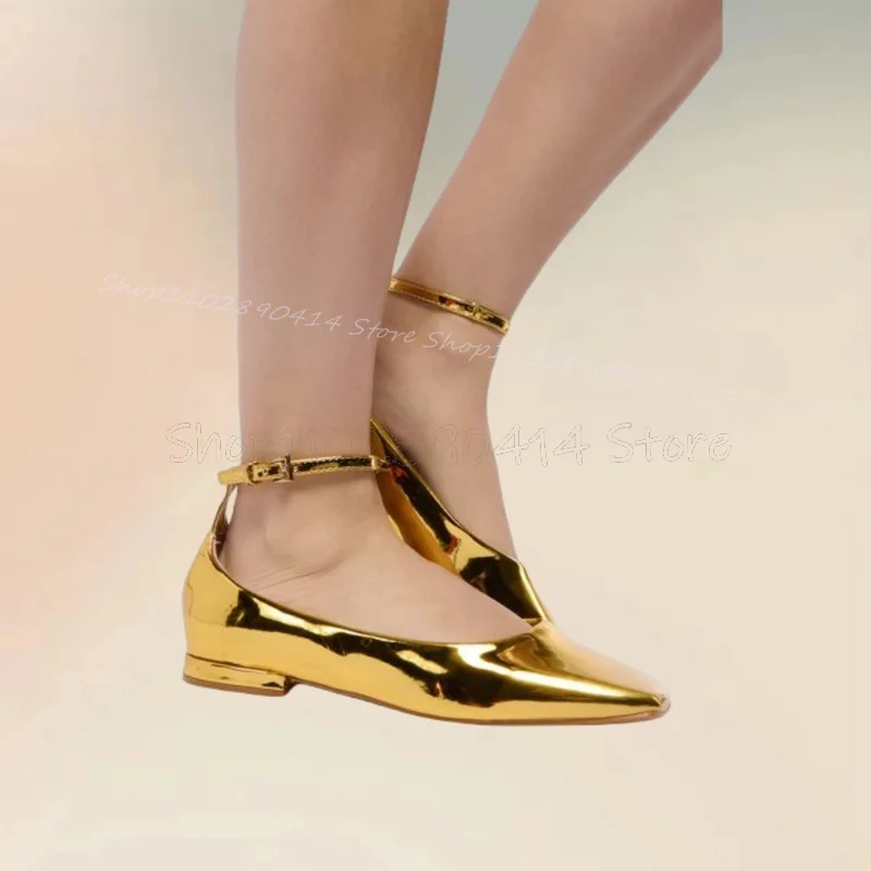 Gold Silver Square Toe Patent Leather Pumps Ankle Buckle Strap Women Shoes Chunky Heels Fashion Party 2024 Zapatos Para Mujere