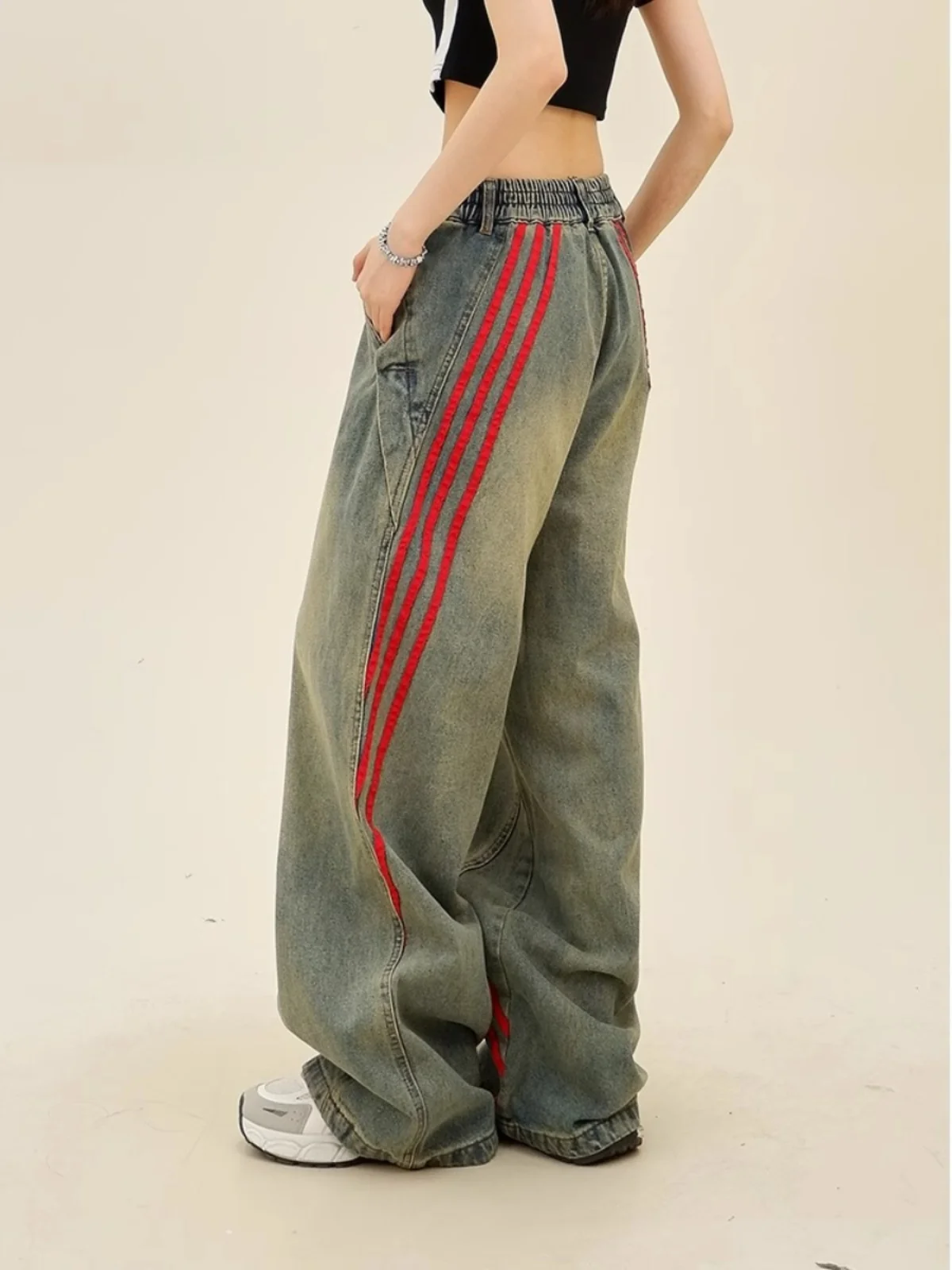 

Джинсы Waed American Stripe Splicing Denim для мужчин и женщин, весна-осень, новые, в стиле хип-хоп, прямые, широкие штанины, повседневные, свободного кроя