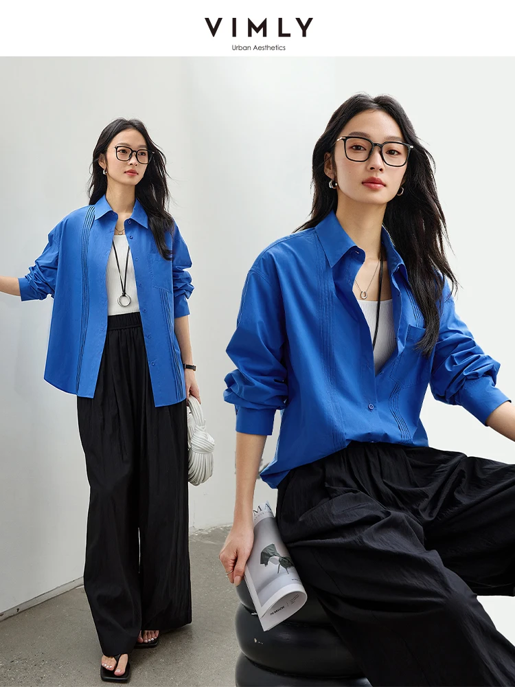 

VIMLY женская синяя рубашка Klein, весна-осень 2021, свободные топы с длинными рукавами, плиссированная рубашка на пуговицах, блузка, женская одежда A0219
