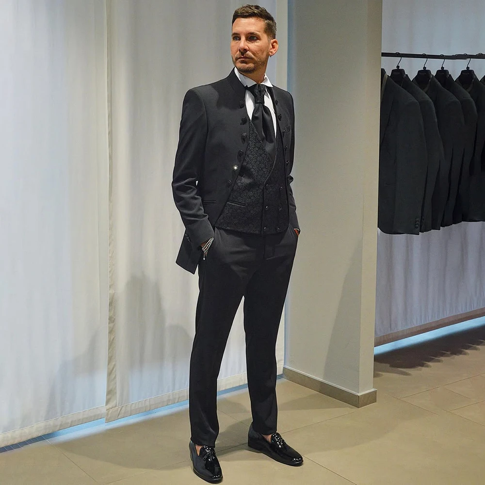 

Formal Black Men's Suits 3 Piece Jacket Pants Vest High Quality Single Breasted Stand Lapel Male Clothing For Wedding Full Sets