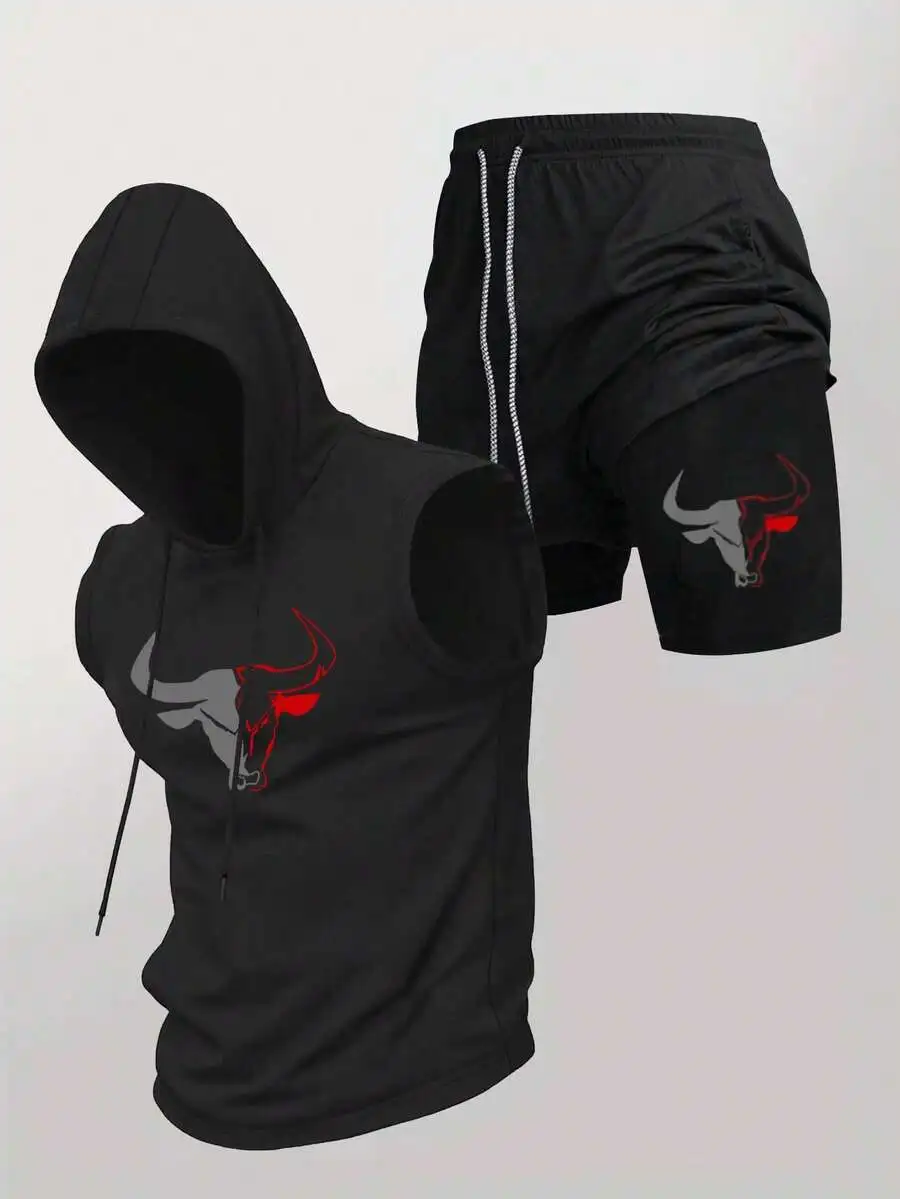Mens Sleeveless Hooded Drawstring Waist Sports Shorts Set Summer Gym Workout Active Wear