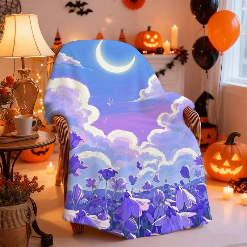 1pc Lavender Purple & Lilac Floral Crescent Moon Blanket - Plush Flannel Bedspread, Wrinkle-Resistant All-Season Soft Bed Cover