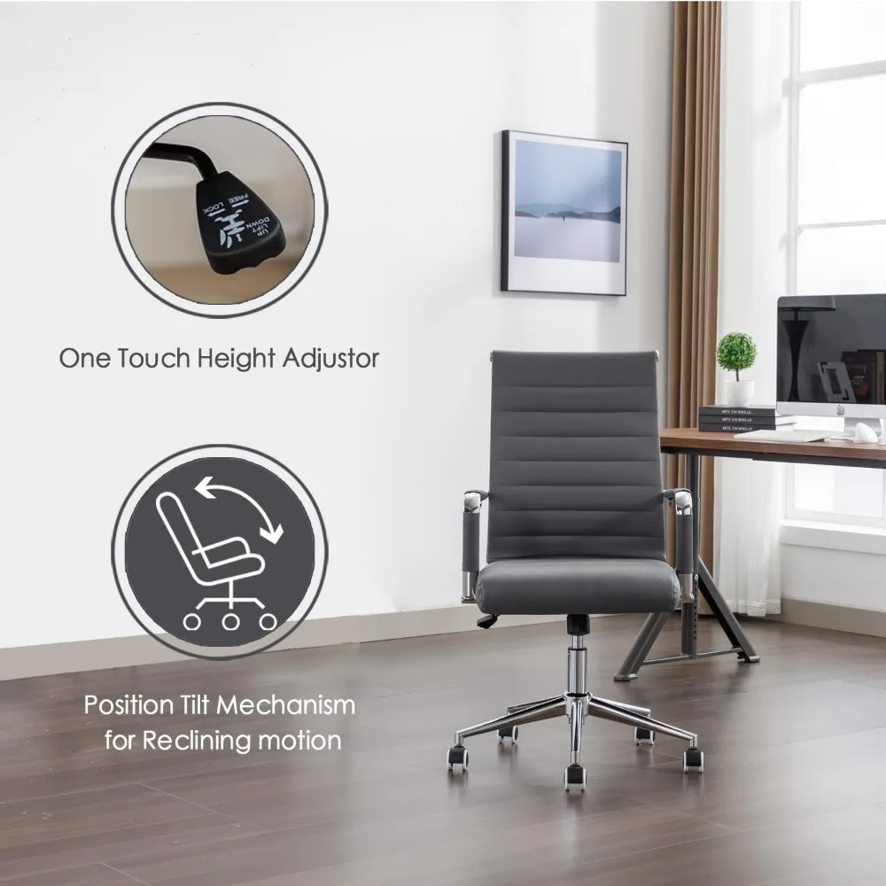 Office Desk Chair Leather, Conference Room Chairs with Wheels, Executive Modern Ergonomic Ribbed Computer Chair