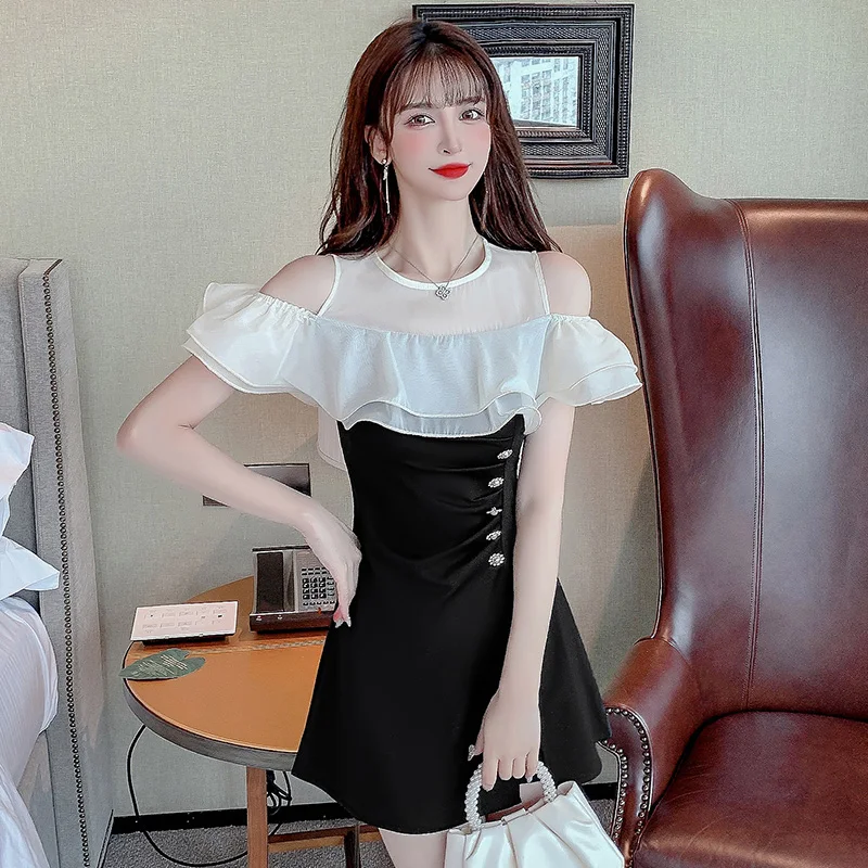 Summer New Style Stitching Casual Fashion Slim Round Neck Temperament Cold Shoulder Dress And Shorts Suit 2pcs Set Female