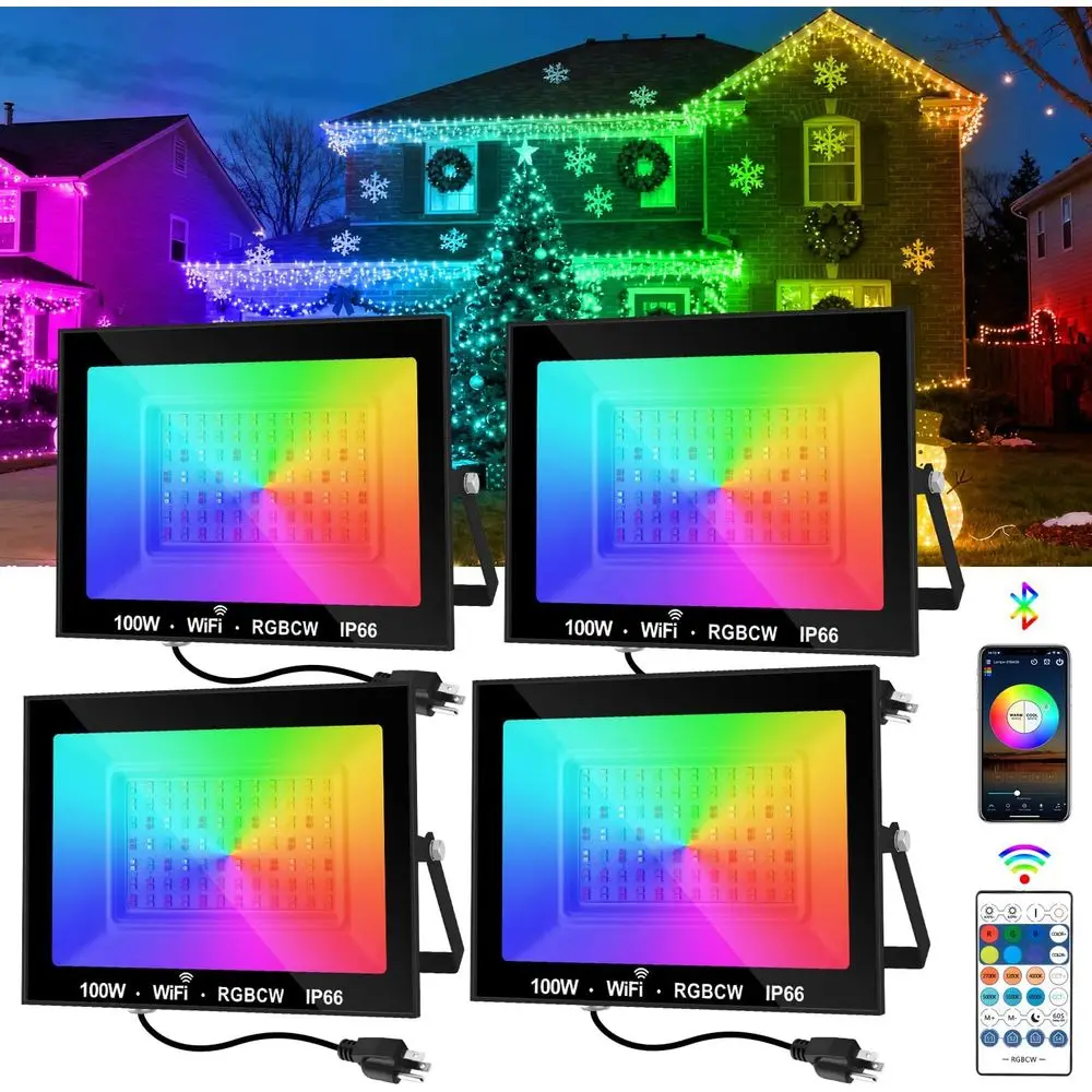 

RGB LED lood Light Outdoor 1000W Equivalent, 100W Bluetooth RGSmart loodlights 2700K, 16 Million Color Changing, Timing, Music S