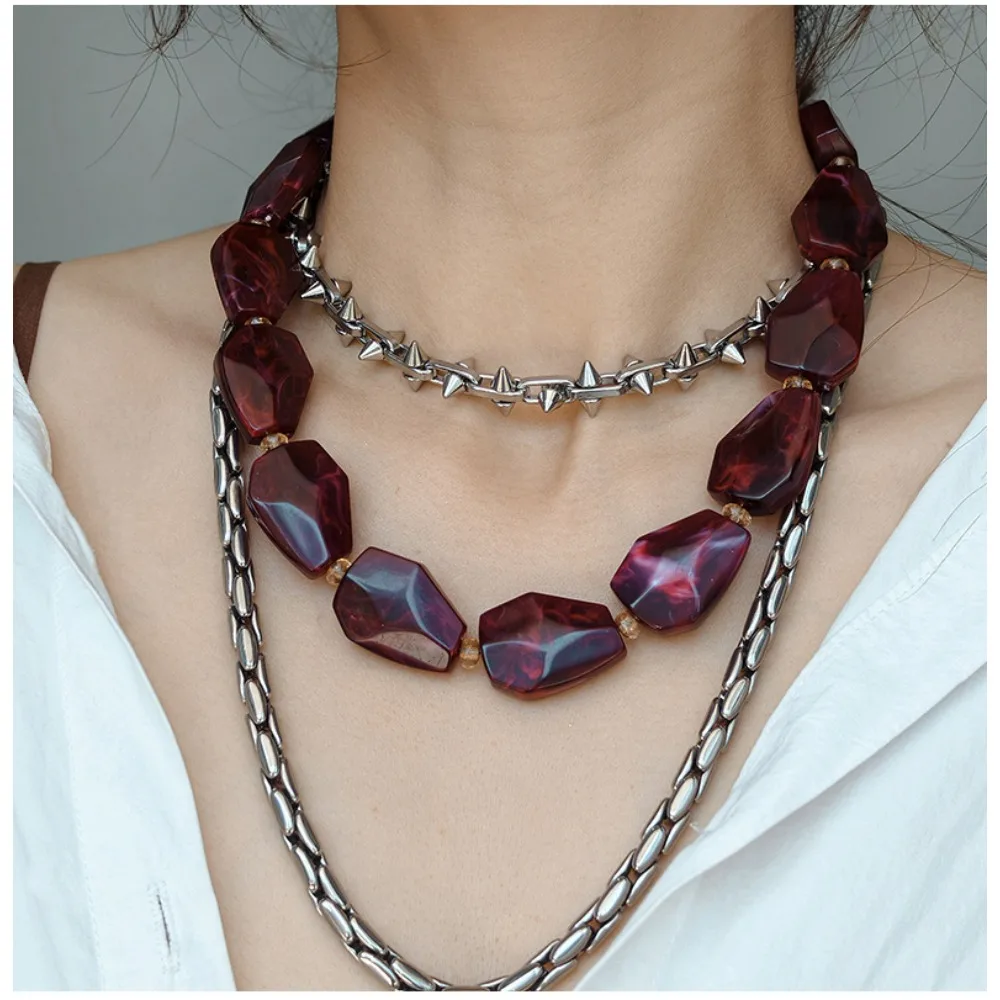 Imitation Natural Stone Big Sweater Chain Stacked Retro Irregular Fake Agate Texture Beaded Acrylic Necklace Age Reducing Choker