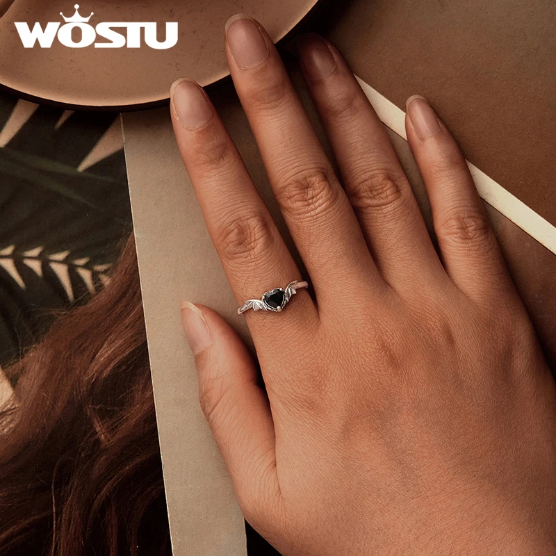 WOSTU Original 925 Sterling Silver Black Zircon Wings Ring Open Ring Vintage Ring For Women Fine Jewelry Party Gift FIR1105-E - Image 4