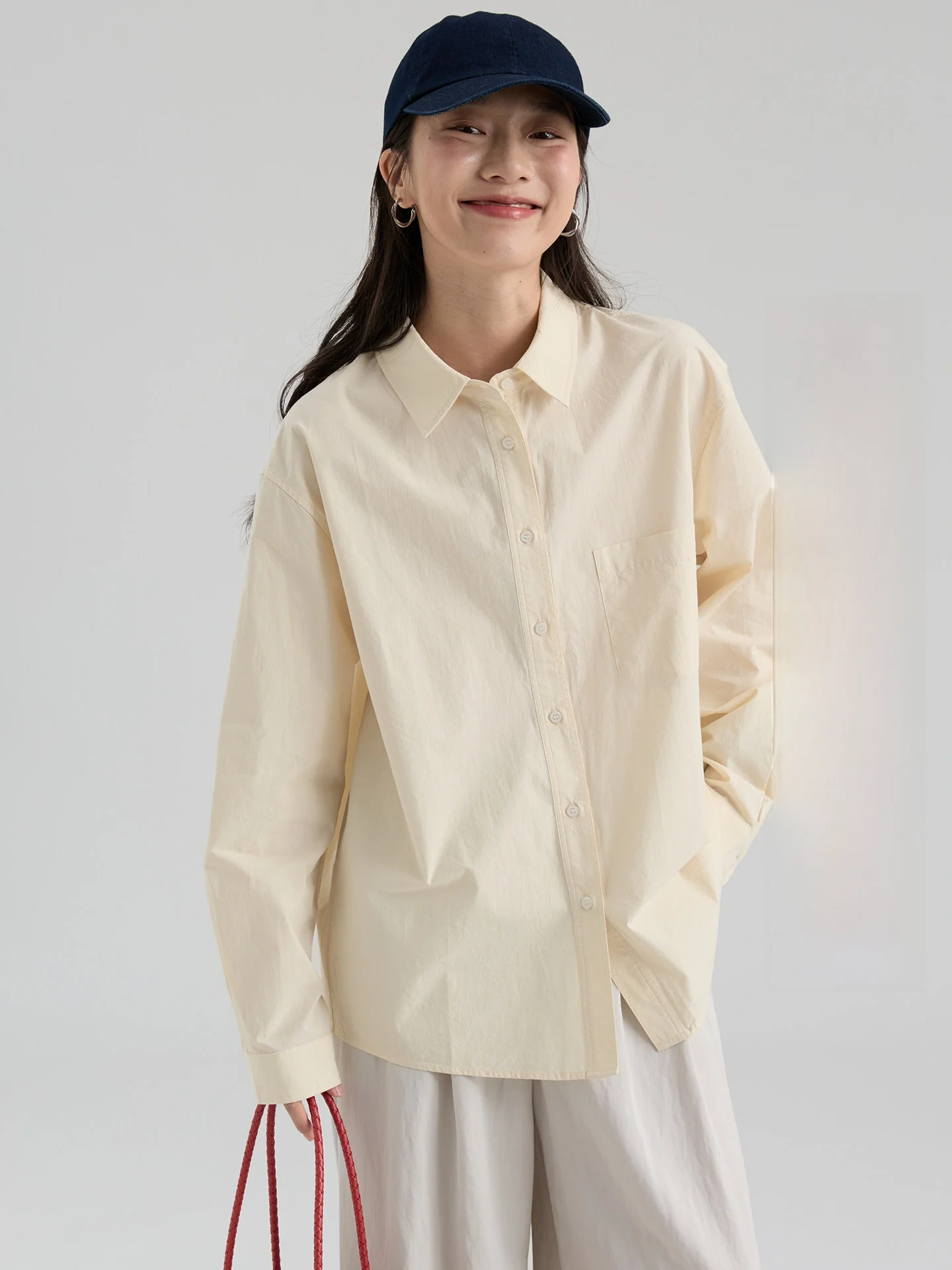 

Spring New Long Sve Cotton irt Women Loose Single ket Design Pure Color Korean Sle Straight Cut Pure Cotton Blouse