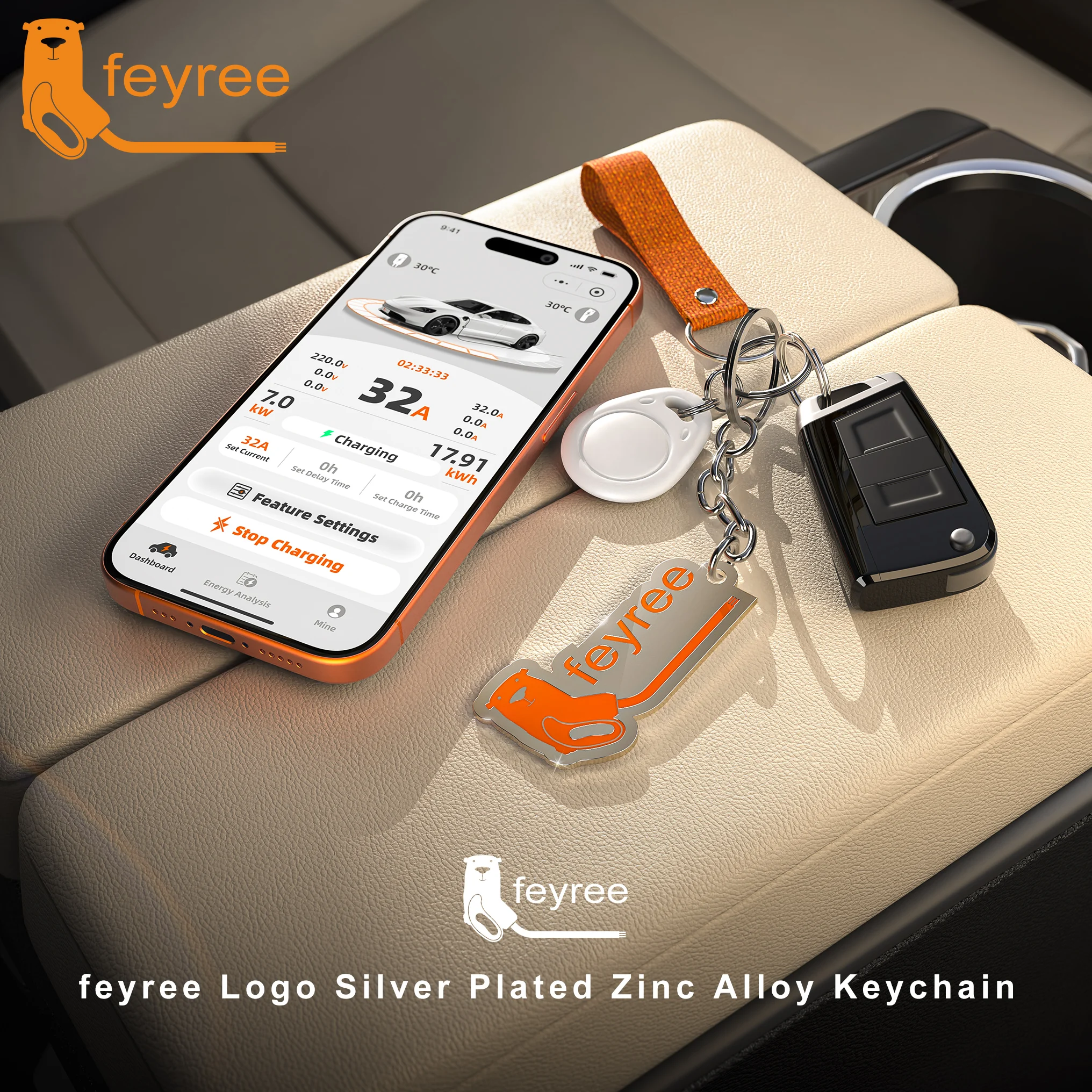 feyree Brand Silver Plated Zinc Alloy Keychain Gift Metal Key Ring Holder Accessories Gift Souvenir for feyree ev charger owner