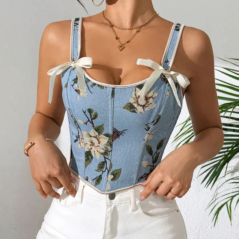 Vintage Floral Print Corset Vest Women French Style Sexy Sling Bow Bandage Chest Support Body Shapewear Elegant Skinny Tank Tops
