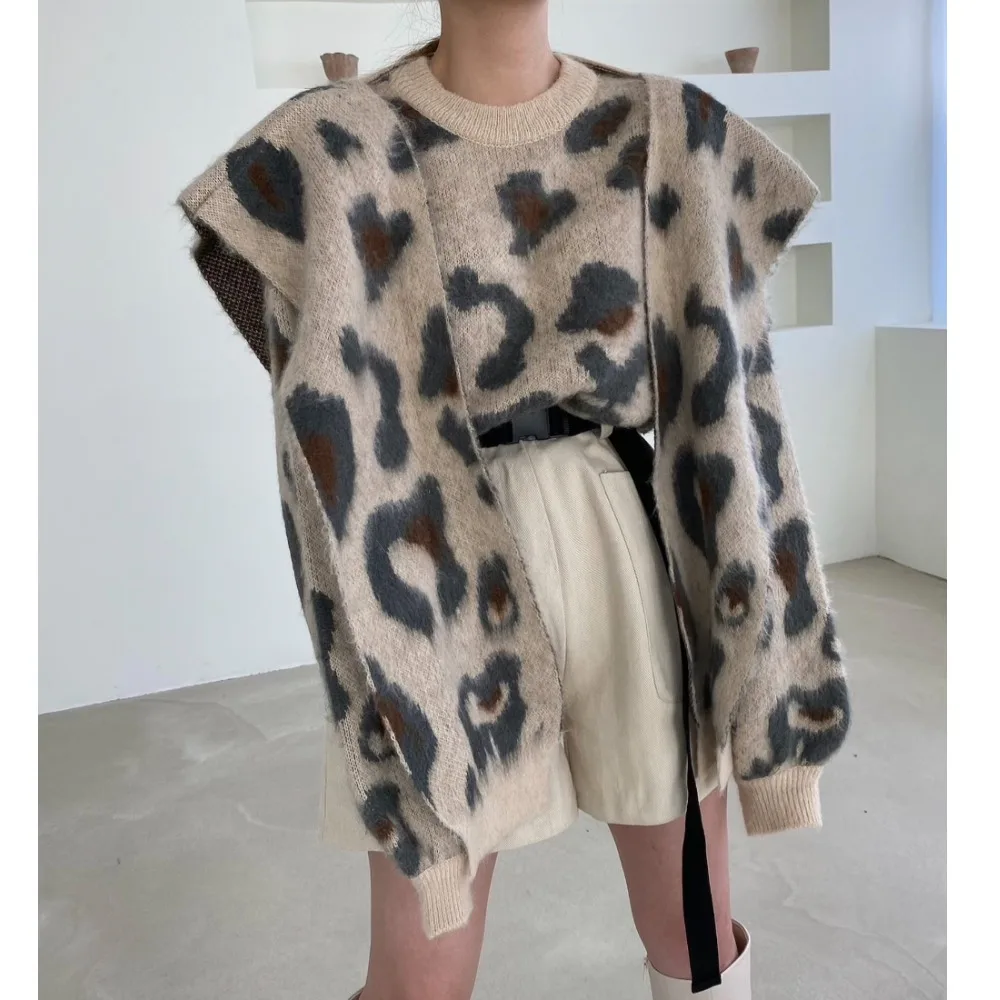 الكورية Sle شيك ليوبارد طباعة التفاف فضفاض المرأة سترة قطعتين مجموعة الخريف الشتاء Faion تصميم خمر بلوزات ووشاح