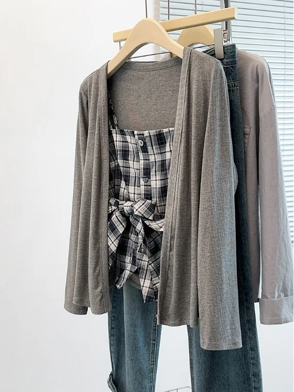 

Spring 2026 plus Size Women's Casual Loose Plaid Strap Cardigan Top Two-Piece Set Comfortable Korean Style Fashion Outerwear