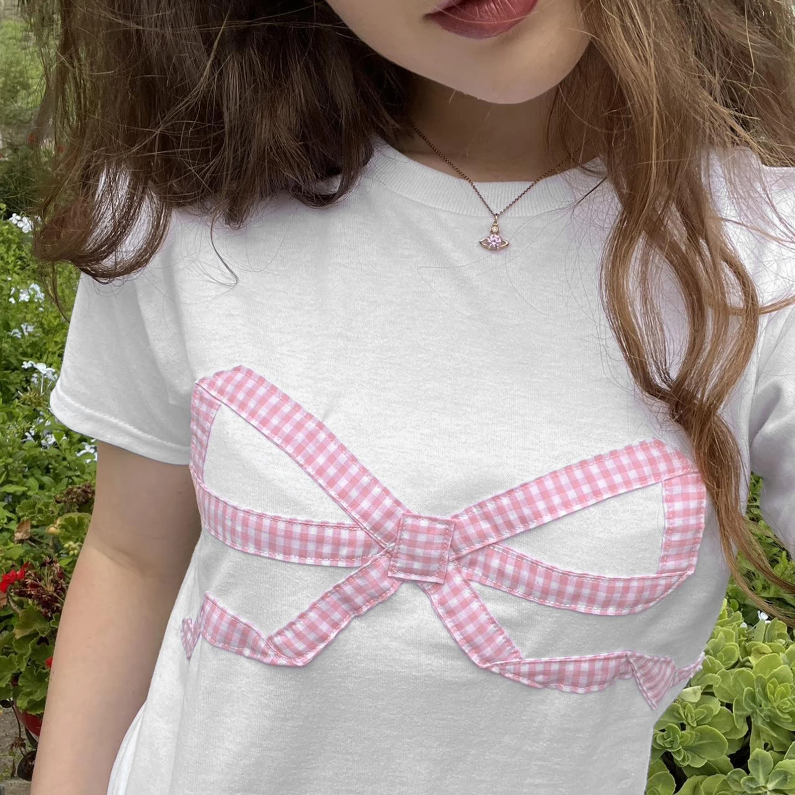 Women's Sweet Bowknot T-shirt Crew Neck Short Sleeve Slim Fit Summer Tops Casual Streetwear