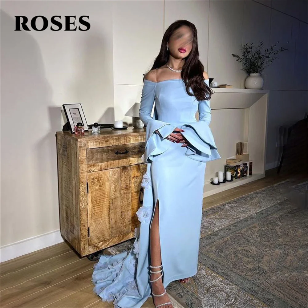 

ROSES Blue Stain Evening Dress Off Shoulder Elegant Prom Dresses Pleats Mermaid Wedding Evening Dress robes de soirée Customized