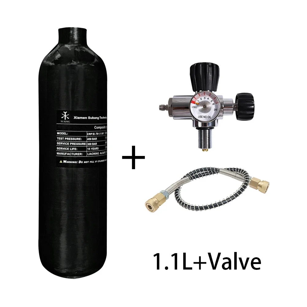 TUXING 1.1L Carbon Fiber Cylinder with Regulating Valve HPA Tank 300Bar 4500psi High Pressure Bottle Scuba Diving M18*1.5