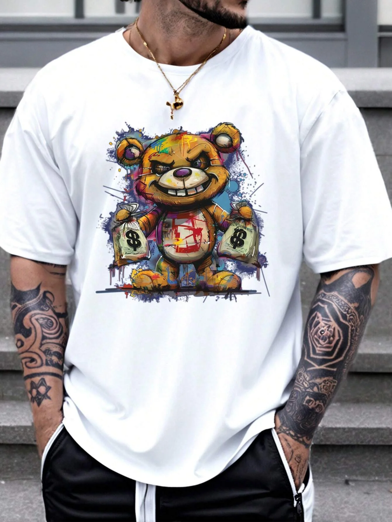 Men\'s 100% cotton summer loose size Cartoon Bear Pattern printed slim fit casual sports round neck short sleeved T-shirt top