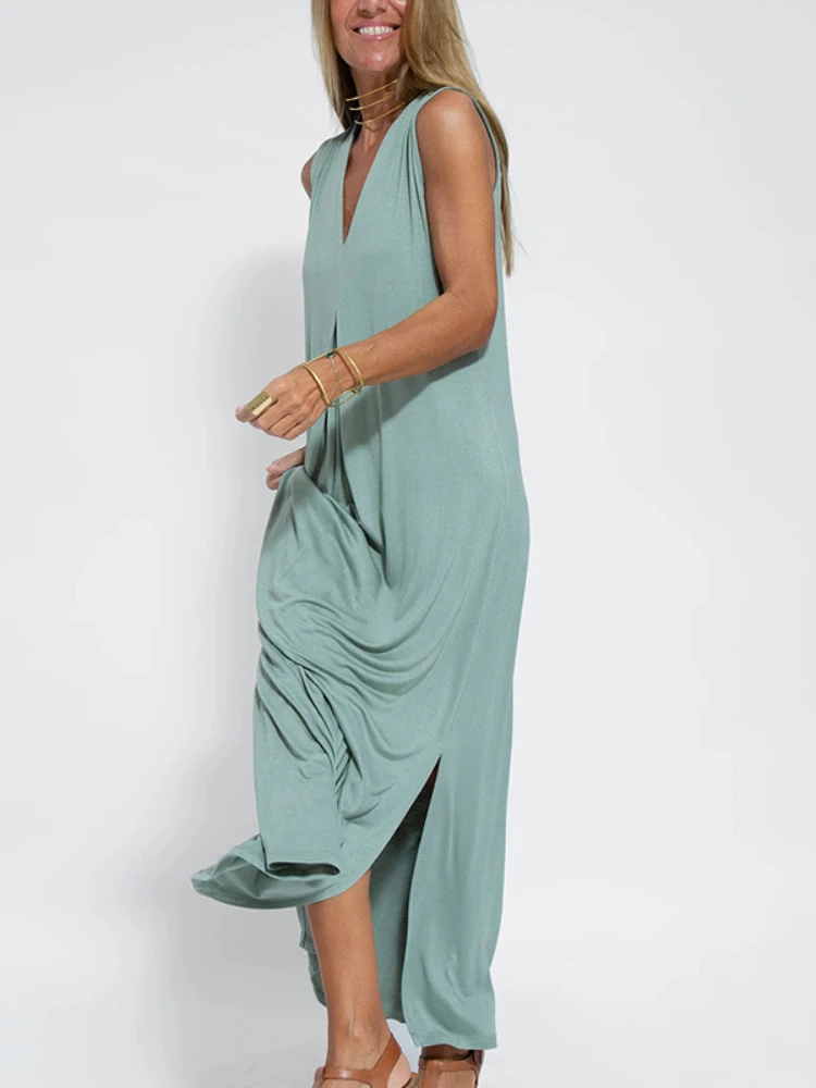 2025 New Solid Color Pullover V-Neck Beach Resort Elegant Long Dress Loose Sleeve Cardigan Casual Two Piece Se t