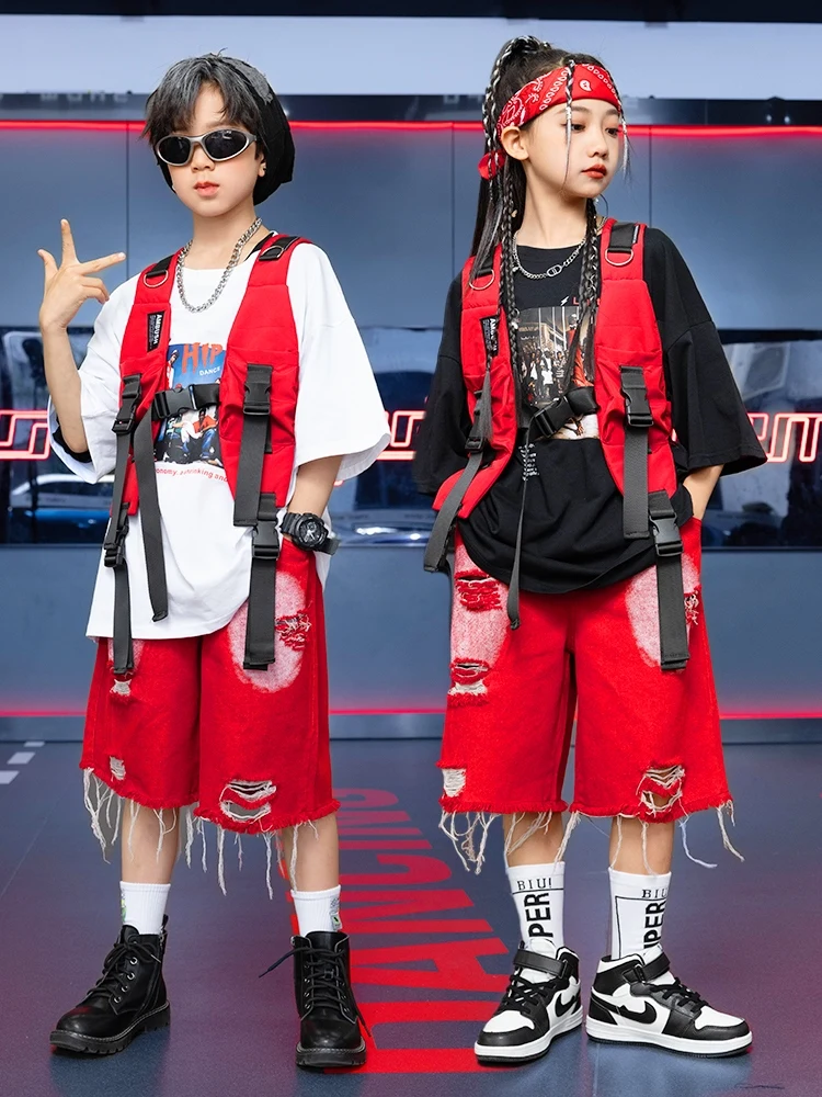 

2024 New Red Vest Hiphop Kpop Outfits For Girls Boys Jazz Dance Costumes Streetwear Ballroom Hip Hop Dance Stage Clothes DN18194