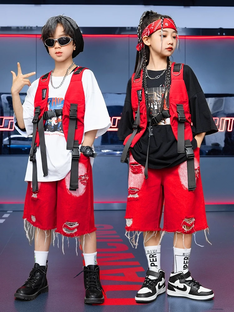 2024 neue rote Weste HipHop Kpop Outfits für Mädchen Jungen Jazz Tanz kostüme Streetwear Ballsaal Hip Hop Tanz Bühnen kleidung dn18194