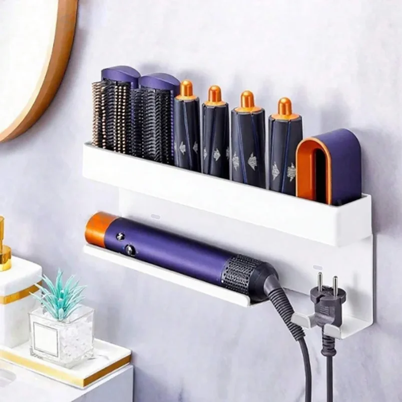 Non drilling wall mounted hair styling tool storage rack, bathroom hair dryer curling iron multifunctional storage rack