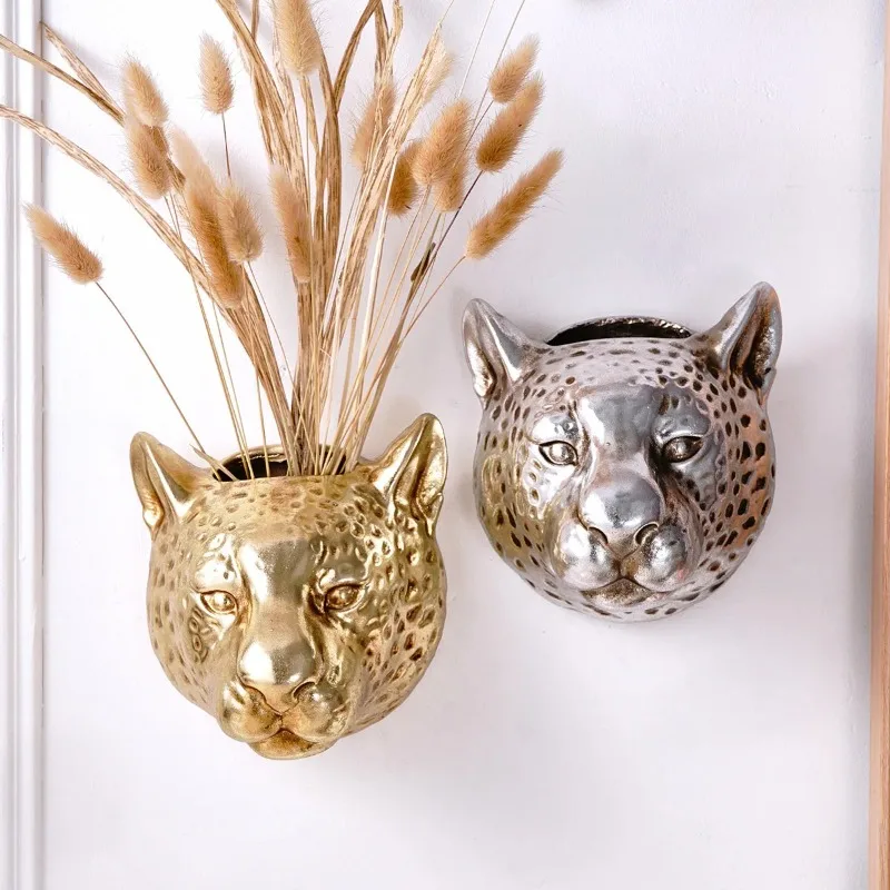Golden Leopard Flower Pot Wall-mounted Flower Pot Animal Head Wall Decor Flower Arrangement Vases Hanging Decoration