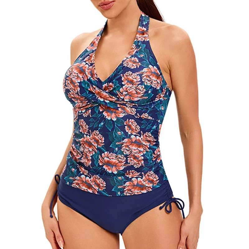 Tankini de 2 piezas con estampado Sexy para mujer, traje de baño conservador deportivo de cintura alta, Bikini con cordones, cuello en V, traje de baño Halter sin espalda 2024