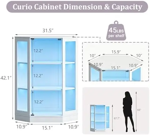 42’’ Corner Display Cabinet with Glass Doors, 3-Tiers Curio Cabinet, Figure Display Case with RGB LED Lights for