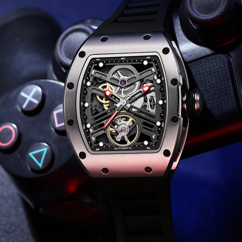 CHANCE JC-9-190G-13 Orologio automatico rettangolare da uomo di lusso Orologio da polso meccanico scheletrato di moda Orologio da uomo con zaffiro