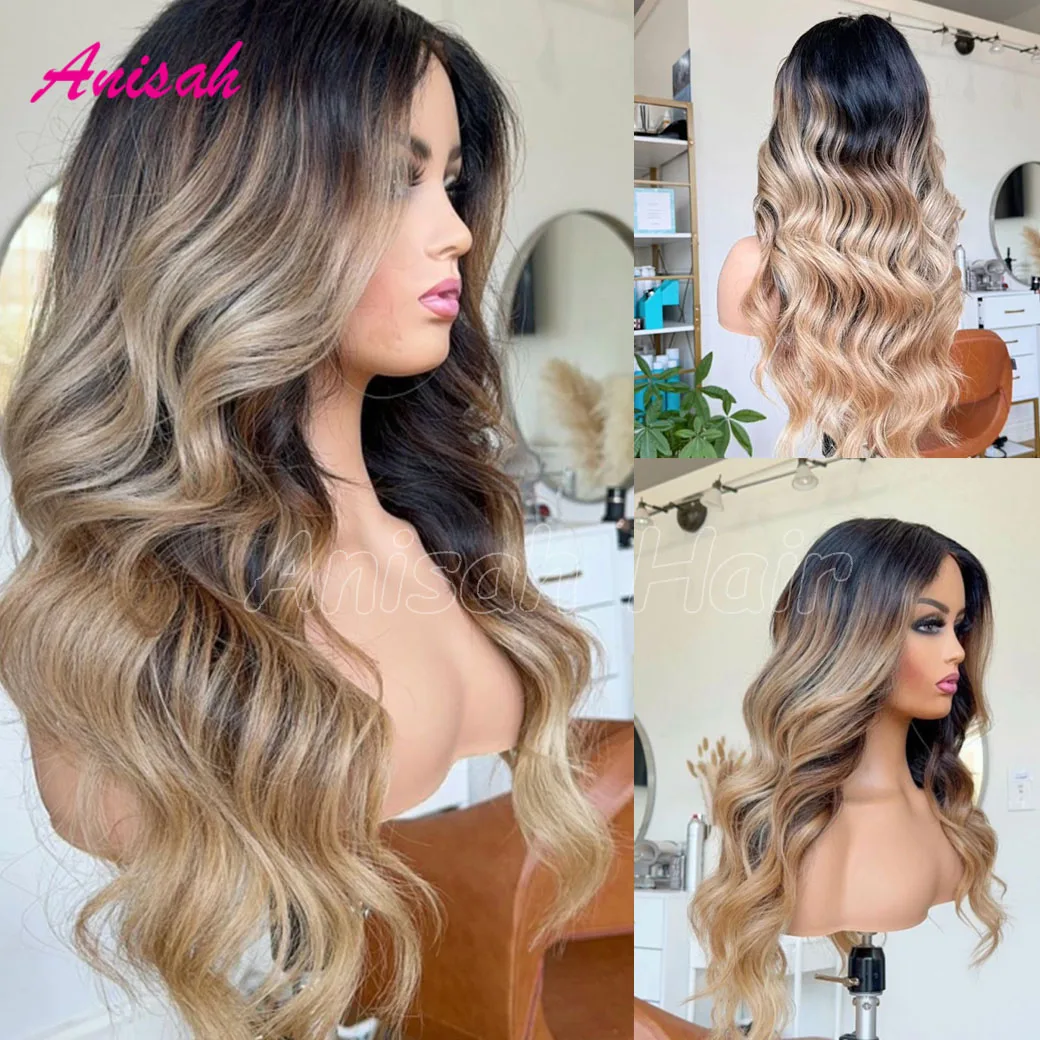 

Ombre Blonde With Dark Root Lace Front Wigs Human Hair For Women Body Wave Highlight Colored Lace Closure Wig with Baby Hair