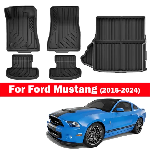 Tapis de sol de voiture pour Ford Mustang 2015 – 2024, doublure de chargement, coussinet de coffre adapté au caisson de basses TPE 3D, tapis de pied étanche noir