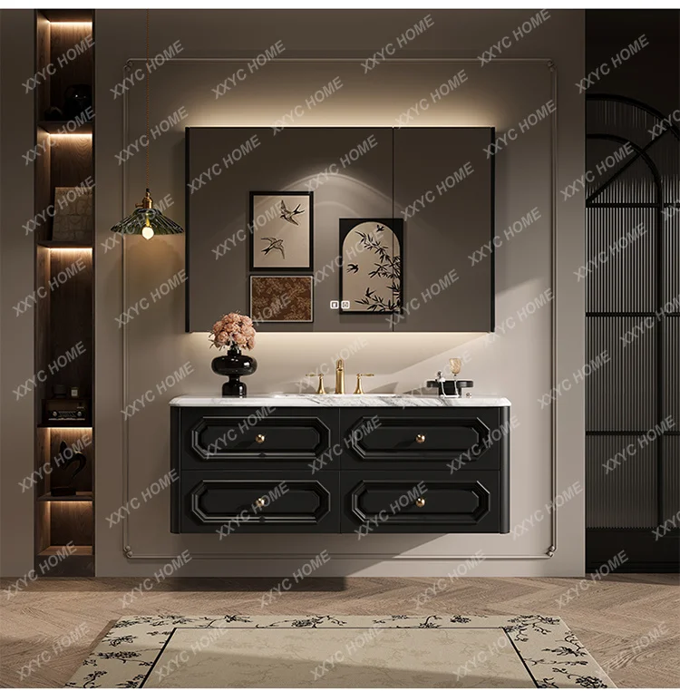 

Retro Bathroom Cabinet Luxury Stone Integrated Ceramic Basin Bathroom Solid Wood Bathroom Wash Cabinet Combination