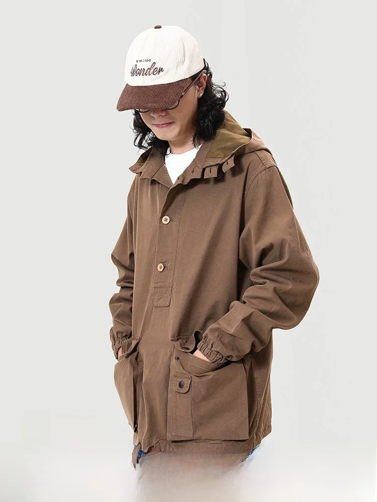 

MBBCAR American Retro Narrow Denim Jaet with Hood Autumn Winter Cotton Workwear Youth Faion Loose Fit Single Button