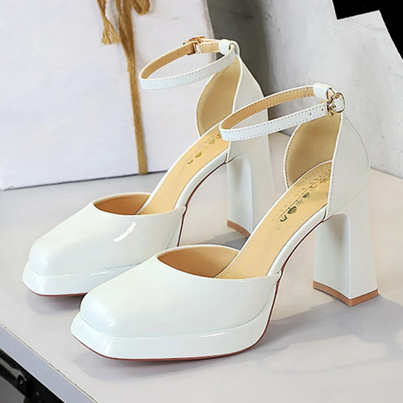 BIGTREE الربيع براءات الاختراع والجلود المرأة مضخات الصنادل منصة مكتنزة الكعوب الكاحل زر أحذية أنيقة Zapatillas De Mujer