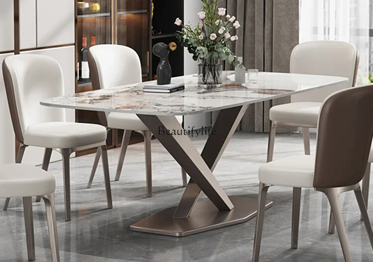 

Light luxury bright rock slab dining table Italian household stainless steel high-end rectangle