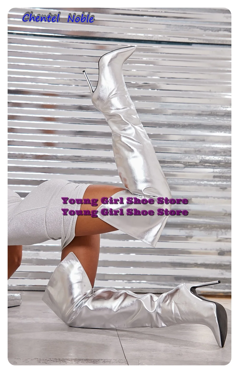 Silver Leather Pointed Toe Over-Knee High Boots Slip-on Thin High Heels Slip-on Women Shoes Luxury 2024 New Arrivals Pull On