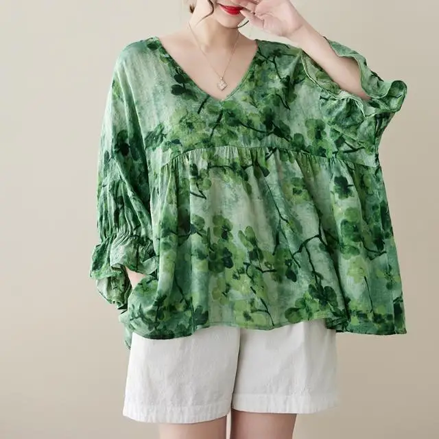 

Женская рубашка большого размера, льняная модная свободная повседневная кукольная рубашка в этническом стиле для женщин, топ с v-образным вырезом для женщин