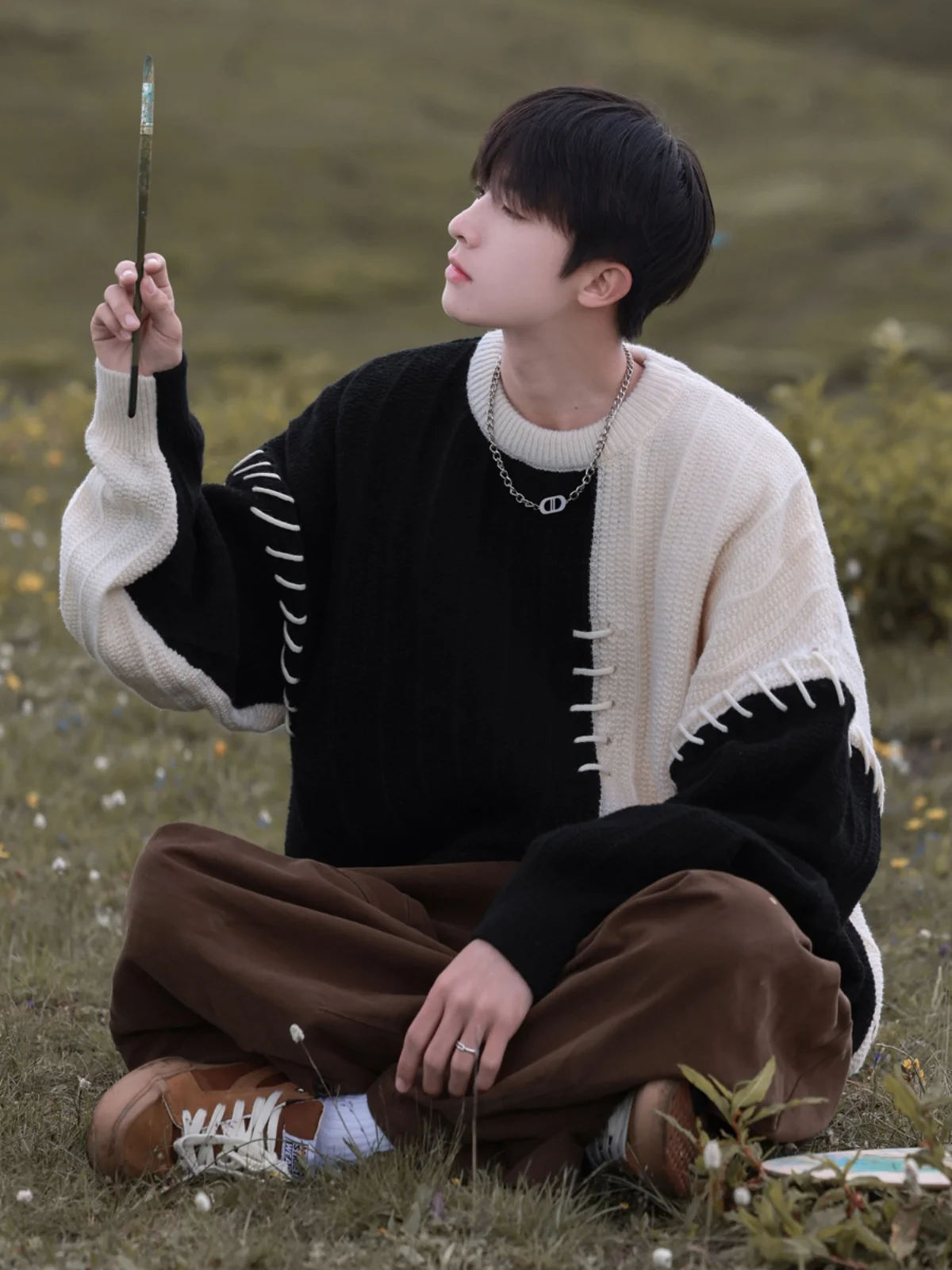 Panelled Sweaters Men Baggy O-neck Contrast Color Vintage Spring Autumn Temperament Stylish Knitwear Slouchy Korean Style Ins