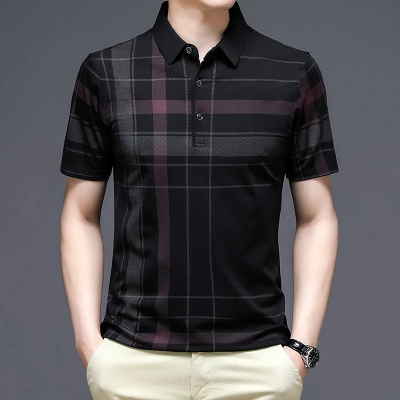 2024 New Men T Shirts Summer Thin Breath Plaid Short Sleeve T-Shirts Male Business Casual Turn-Down Collar Slim Men Clothing