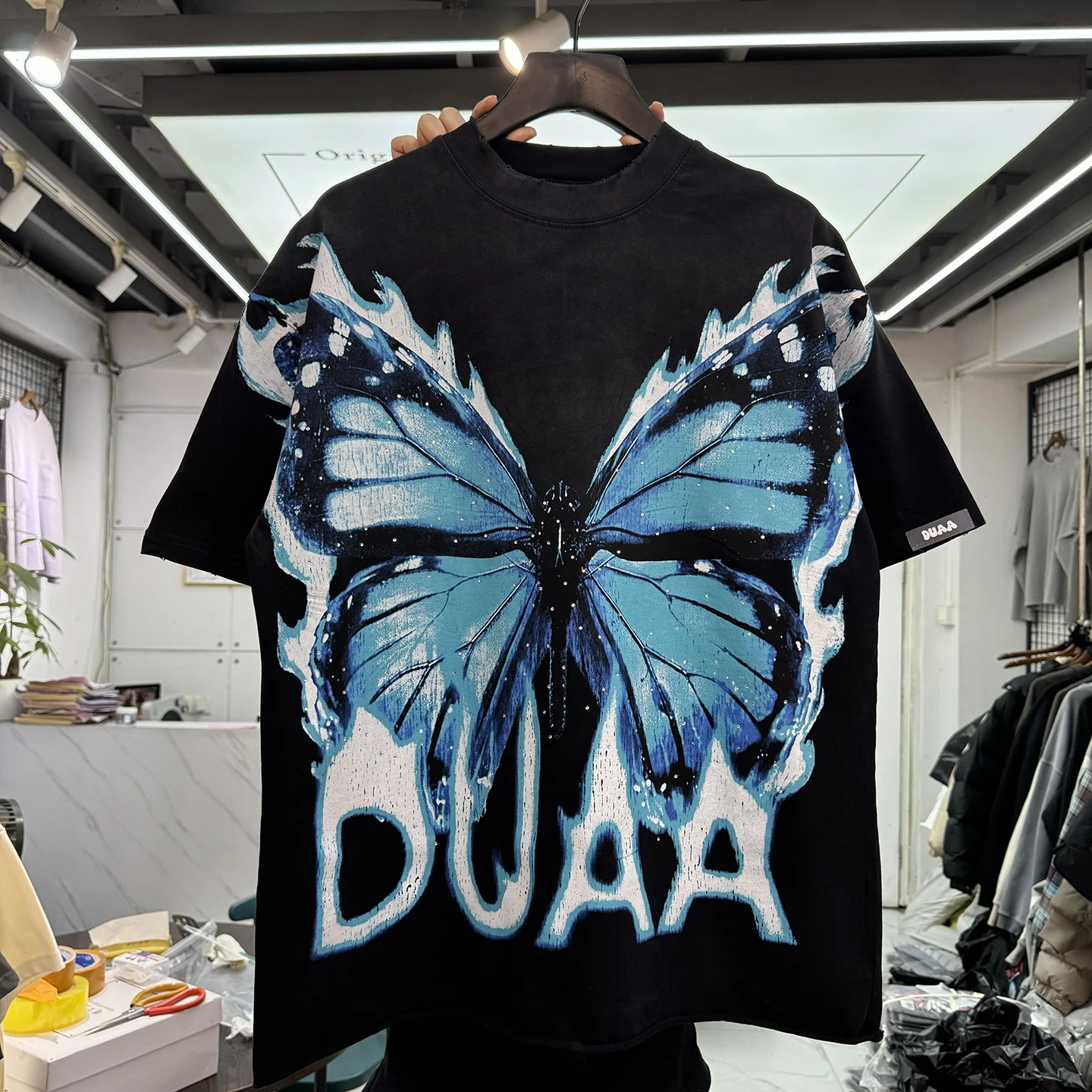 

High Street Letter Print Rhinestone ort Sve Hip Hop Loose Waed Distred Cuffed T-irt ex Youth Casual...