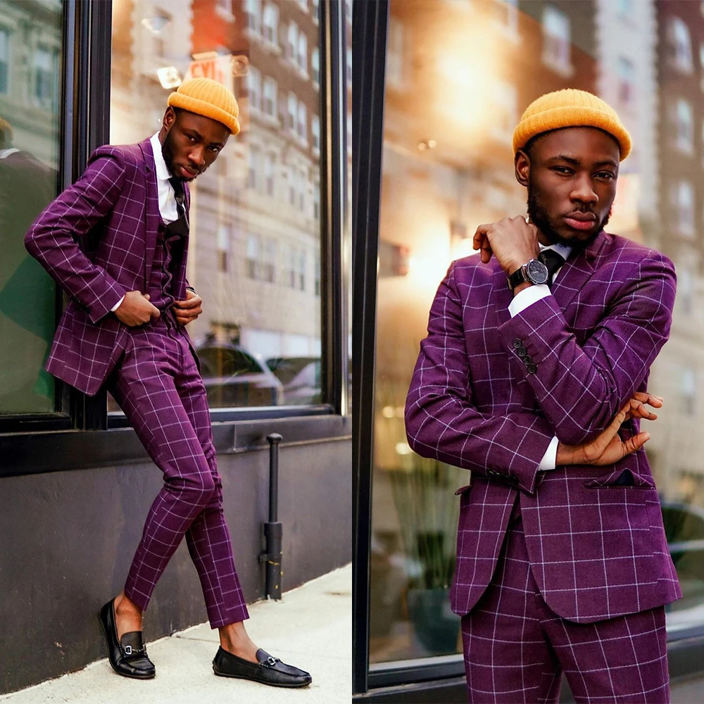 Esmoquin de boda a cuadros púrpura, traje de ajuste clásico, Blazer de fiesta a cuadros a medida, ropa Formal, 3 piezas